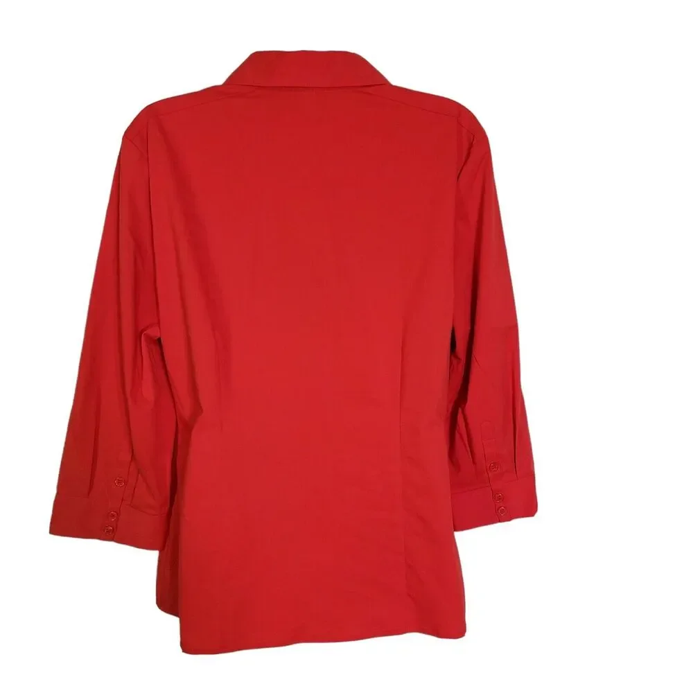 Chico's Womens Top Sz 1 Medium Red Stretch Button Front 3/4 Sleeve Flap Pockets
